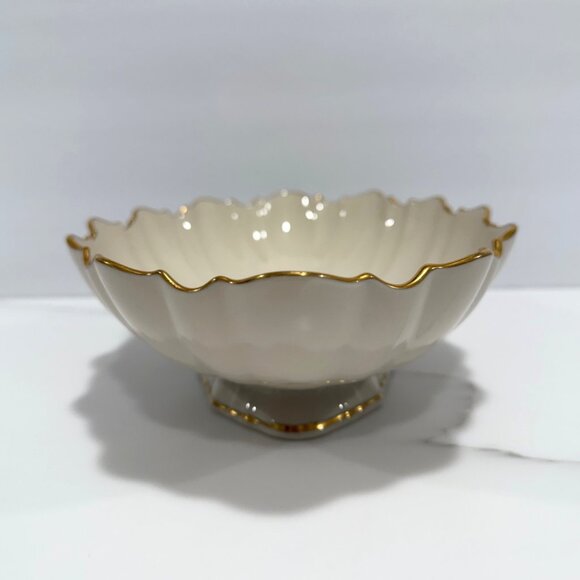 VTG MCM Lenox Scalloped Edge Centerpiece Bowl Ivory 24K Gold Trim Trinket Dish - Picture 6 of 10